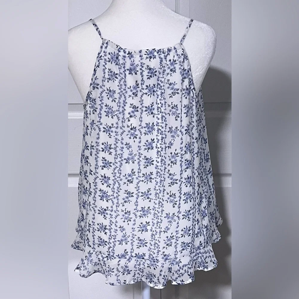 Aqua White and Blue Floral Sleeveless Slouch Top